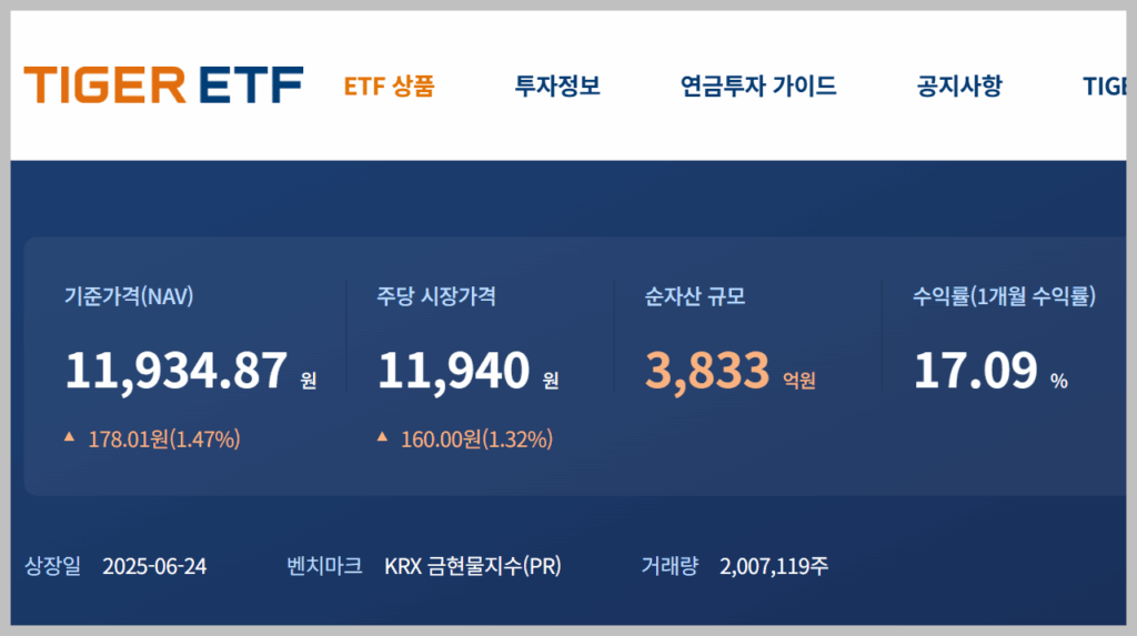 tiger krx 금현물 etf 주가 배당 및 세금